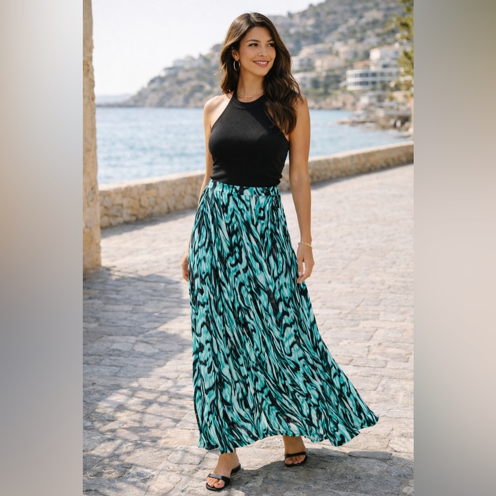 Turquoise & Black Abstract Print Stretch Maxi Skirt | Flowy Pull-On PM